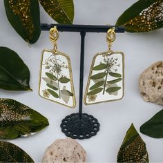 These exquisitely crafted earrings feature dried floral and fauna encased in clear resin, set within luxurious gold-filled trapezoid-shaped bezels and 14K knot studs. A perfect accessory for elevated, effortless style. Slow + Sage created exquisite earrings that measure approximately 2.5" long and 1.5" wide dangle earrings, flower preservation art, art-to-wear jewelry,, resin jewelry, statement earrings, luxurious earrings Preservation Art, Floral And Fauna, Luxurious Earrings, Pink Tassel Earrings, Antique Gold Earrings, Floral Preservation, Flower Preservation, Elephant Earrings, Knot Studs