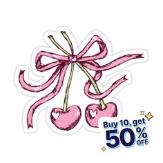 a pink bow and two hearts sticker on a white background with the text buy 10 get 50 % off