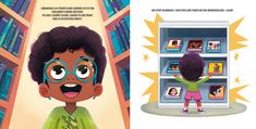 an illustration of a child looking at books in a bookcase and then seeing what they are reading