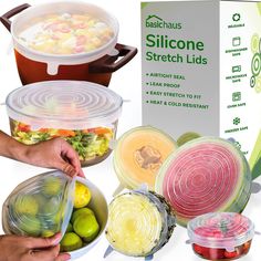 plastic food storage containers with lids and dividers are shown in front of the package