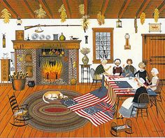 a painting of people sitting at a table with an american flag on the floor in front of a fire place