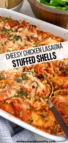 cheesy chicken lasagna stuffed shells in a white casserole dish