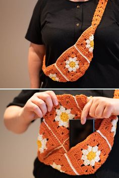 a woman is holding an orange crocheted flowered necktie with a cell phone in her hand