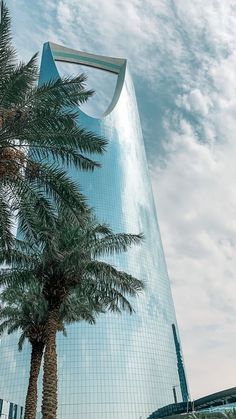 two palm trees are in front of a tall glass building with a curved window on the side