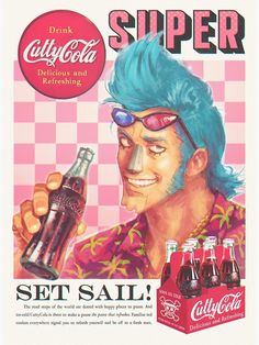 a man with blue hair and glasses holding a bottle of coca - cola in his hand