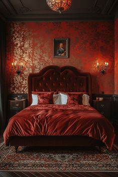 a bedroom with red wallpaper and bed in the center, surrounded by chandeliers