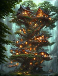 a tree house in the middle of a forest with lots of lights on its roof