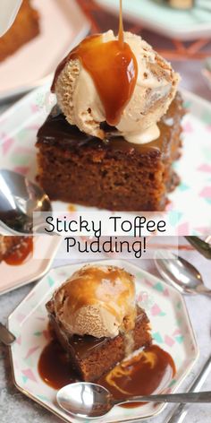 sticky toffe pudding with ice cream and caramel on top