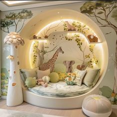 a child's bedroom with a circular bed and stuffed animals