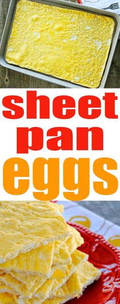 an egg pan with eggs in it and the words, sheet pan eggs on top