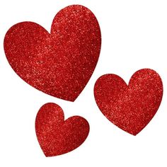 three red glitter hearts on a white background