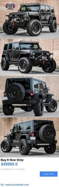 four jeeps are shown in three different pictures