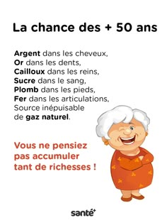 an old woman with white hair and orange dress is standing in front of the words la chance