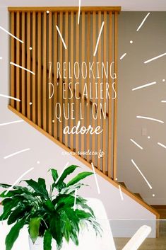 a plant sitting on top of a white table next to a wooden stair case with the words relookiing d'escaliers quillon above it