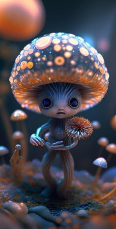 a digital painting of a mushroom with blue eyes