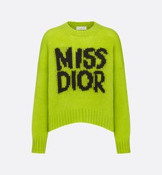 The sweater features the black Miss Dior Graffiti motif, a nod to the 1967 debut ready-to-wear collection and a manifesto to Maria Grazia Chiuri's signature celebration of feminism. Crafted in a cobalt green cashmere and silk knit, it is distinguished by its oversized fit with a ribbed hem and cuffs. The round-neck sweater can be worn with casual outfits in any season and will coordinate well with other Miss Dior Graffiti creations.. Dior Clothes, Dior Boots, Denim Swimsuit, Pull Oversize, Clothing Pieces, Stole Scarf, Short Denim