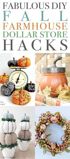 four different fall farmhouse store hacks with pumpkins and other items in the background