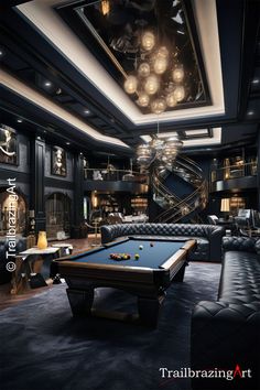 a pool table and couch in a room with chandeliers on the ceiling above it