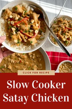 slow cooker satay chicken with rice and vegetables in white bowls on a red checkered table cloth