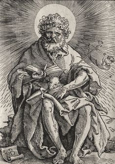 an old black and white drawing of a man with a beard holding a child in his lap