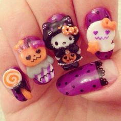 Sanrio Halloween Nails, Kawaii Halloween Nails, Halloween Sanrio, Hello Kitty Nails, Really Cute Nails, Pretty Gel Nails, Soft Nails, Cat Nails, Mia 3