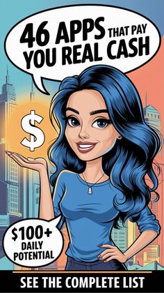 a woman with blue hair is holding up a dollar sign and the words, 46 apps that pay you real cash