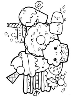 a black and white drawing of a teddy bear with ice cream on it's head