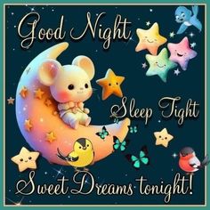 a cute little mouse sitting on the moon with stars and butterflies around it that says good night sleep tight sweet dreams tonight