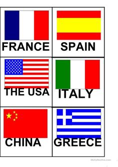 four different flags with the names of countries