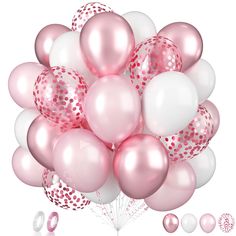 a bunch of pink and white balloons with confetti