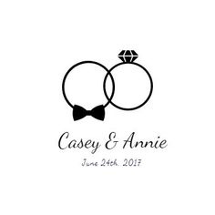 two wedding rings with a bow tie and diamond ring on the top, which reads casey & annie june 24, 2011