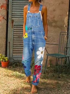 Romper Overalls, Appliqué Flowers, Suspender Jeans, Denim Jumpsuits, Vestidos Retro, Overalls Fashion, Floral Print Jumpsuit, Spandex Pants, Skirt Denim