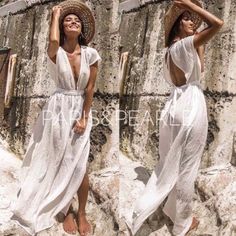 Wherever Your Travels Take You, The Sunset Beach White Sheer Maxi Style Swim Cover Up Will Keep You Looking Seaside Chic! Gauzy, Sheer Woven Fabric Is Light And Breezy As It Creates A Deep V-Neckline And Relaxed, Cap Sleeve Bodice. Belted Waist Sits Above A Flowing Maxi Skirt With Twin Side Slits. Details 100% Cotton One Size Fits Most Last Photo Is Of Actual Garment Styled By A Blogger That Works With Our Boutique Vendor Bohemian Boho Resort Wear Summer Dress Vacation Chic V-neck Beach Dress For Holiday, White V-neck Beach Dress, White V-neck Summer Beach Dress, Breezy Beach Dress For Summer Wedding, Summer Beach Dress For Beach Wedding In Spring, Elegant Sleeveless Summer Cover-up, Elegant Summer V-neck Cover-up, Elegant V-neck Summer Cover-up, Elegant Summer Beach Party Dress