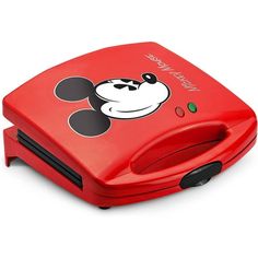 a red mickey mouse sandwich maker on a white background