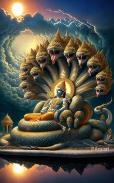 an image of a person sitting on top of a large snake in front of a full moon