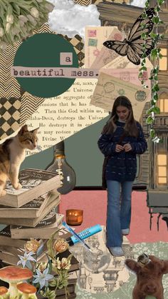 a collage of images with cats and dogs in them, including a cat sitting on top of books