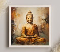 a painting of a buddha sitting in the middle of a room