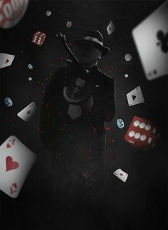 a man surrounded by playing cards and dices