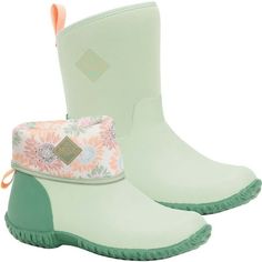 Muck Boots best selling all-purpose Muckster shoe now available in Mid height; the Muckster II. This women's 7-inch pull-on boot, in Reseda green, features a deep green accent at the heel and can be worn rolled up for days when you need extra coverage, or rolled down revealing a cheery Sunflower print on warmer days. Worn either way, you'll be ready to tackle whatever lies ahead. They will keep your feet warm with 4mm of Neoprene and 100-percent dry on those cool, wet mornings. This casual style Reseda Green, Garden Boots, Boot Companies, Muck Boots, Mid Boots, Pull On Boots, Sunflower Print, New Wardrobe, Deep Green