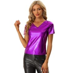 This women's metallic tee from Allegra K is a stylish top with a v-neck design. It is perfect for parties or clubs. It's a short-sleeved top in shiny top-quality metallic fabric. This is a regular-fit top that is very comfortable to wear. This is a very fashionable top when you wear it at a party. It will be very dazzling, and it will help you attract a lot of attention. Glamorous V-neck Top For Night Out, Glamorous V-neck Top For Parties, Trendy Metallic Tops For Party, Fall V-neck Top For Club, Shiny Top For Club And Party Season, Shiny Top For Night Out In Fall, Shiny Tops For Night Out Party Season, Shiny Tops For Night Out In Fall, Trendy V-neck Party Tops