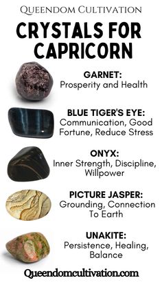 an advertisement for crystals for capricorn with different types of rocks and their names