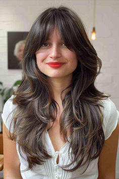 Woman with long hair featuring front layers and curtain fringe. Front Bangs Layered Hair, Fringe And Layers Long Hair, Deep Bangs Long Hair, Long Haircut Short Layers, Front Layers Long Hair Curtain Bangs, Butterfly Curtain Bangs, Chocolate Brown Hair With Layers And Curtain Bangs, Heavy Curtain Bangs Long Hair, Brunette Layers With Curtain Bangs