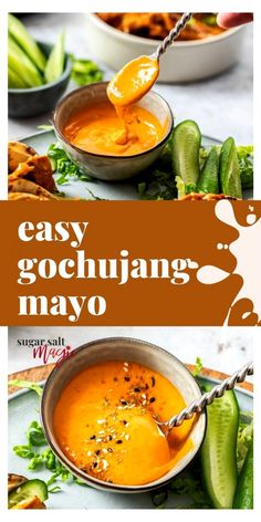 easy gochuhang mayo is served in small bowls and garnished with sliced cucumbers