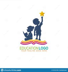 education logo design with two children holding a star and reading on a book in front of them