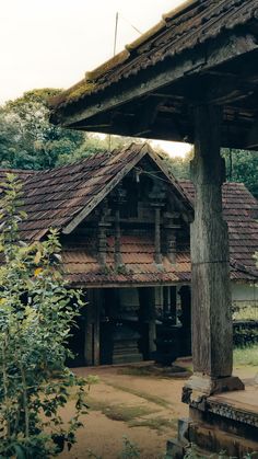 an old wooden building sitting in the middle of a forest