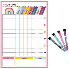 reward chart with pens and pencils next to it on top of a white background