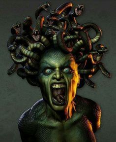 an image of a creepy woman with snakes on her head and hair in the air