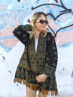 Yak wool kimono Fits upto XL Bohemian Winter Cardigan, Fall Boho Print One-size Kimono, Hippie One-size Kimono For Fall, One Size Hippie Kimono For Fall, Hippie One Size Kimono For Fall, Handmade Bohemian Cotton Outerwear, Hippie Wrap Kimono One Size, Cotton Open Front Kimono For Fall, Fall Cotton Open Front Kimono