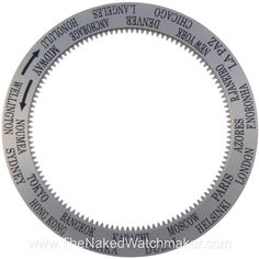 a circular metal ring with words written on the side and an arrow pointing up at it