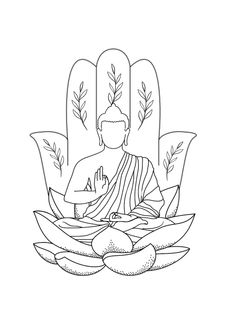 buddha sitting in lotus position surrounded by fruits and vegetables, with the outline drawing above it